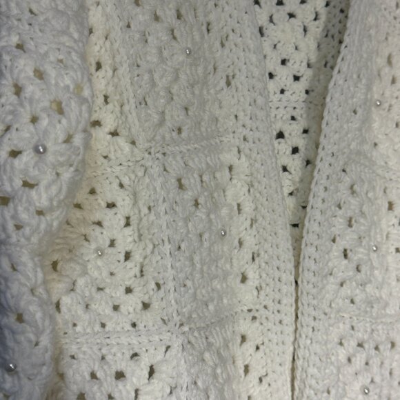 Handmade White Crochet Granny Square Jacket Pearls Cozy Elegant Cardigan Size L - Picture 5 of 6